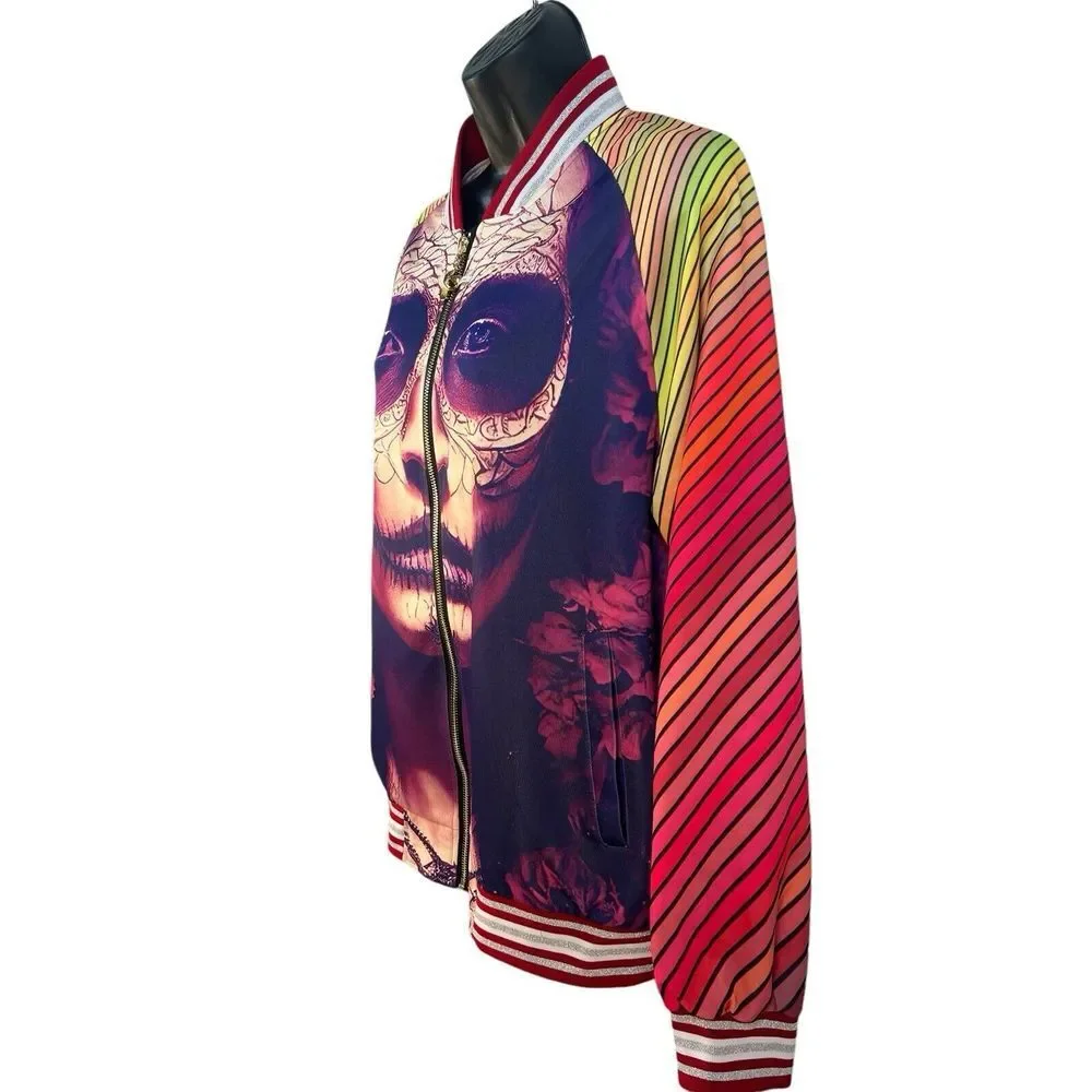 PRETTY WORTHY‎ day of the dead graphic print womens bombe jacket L - Picture 4 of 8